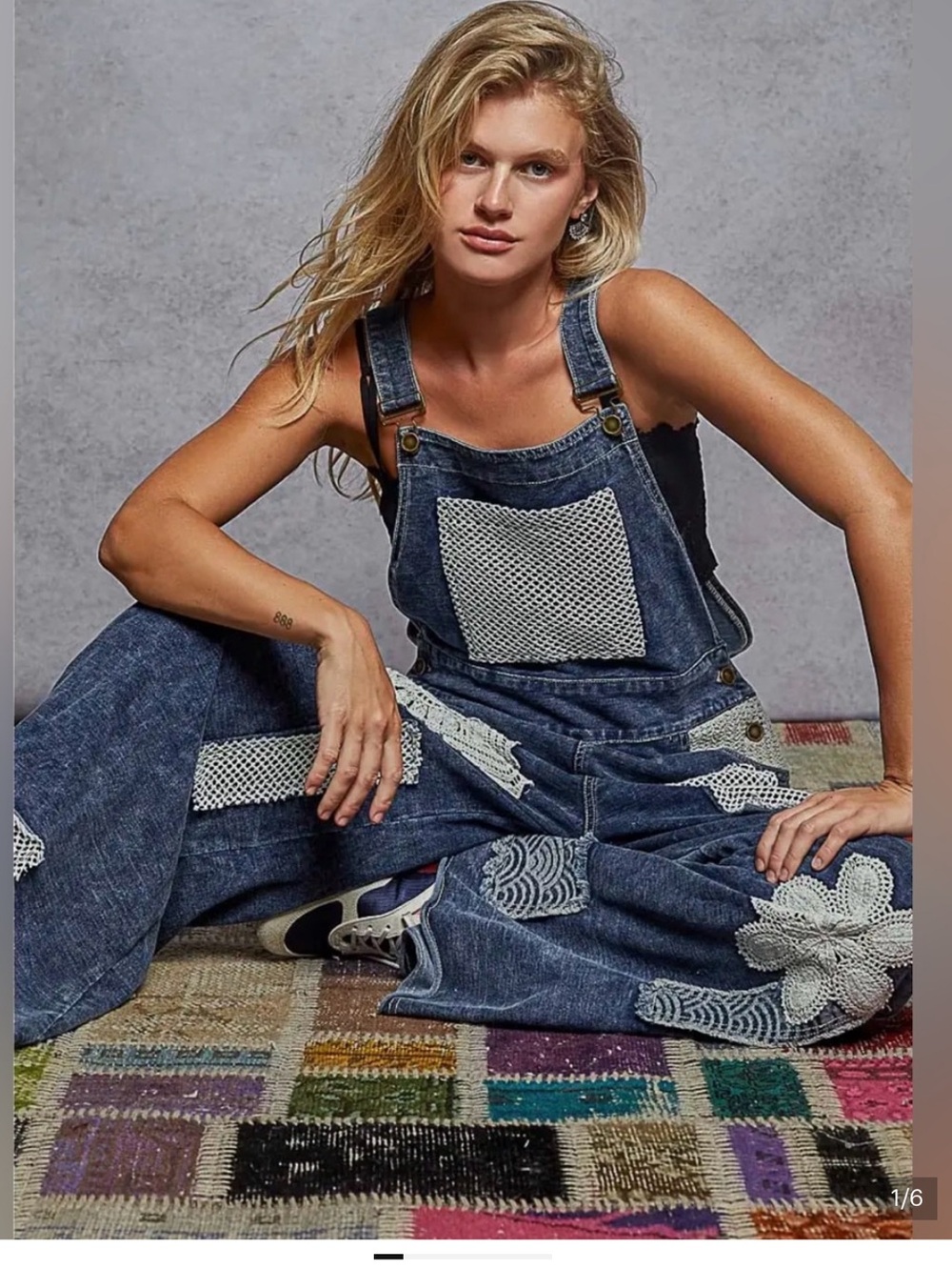 POL Blue Denim Overalls with Cream Crochet Patches